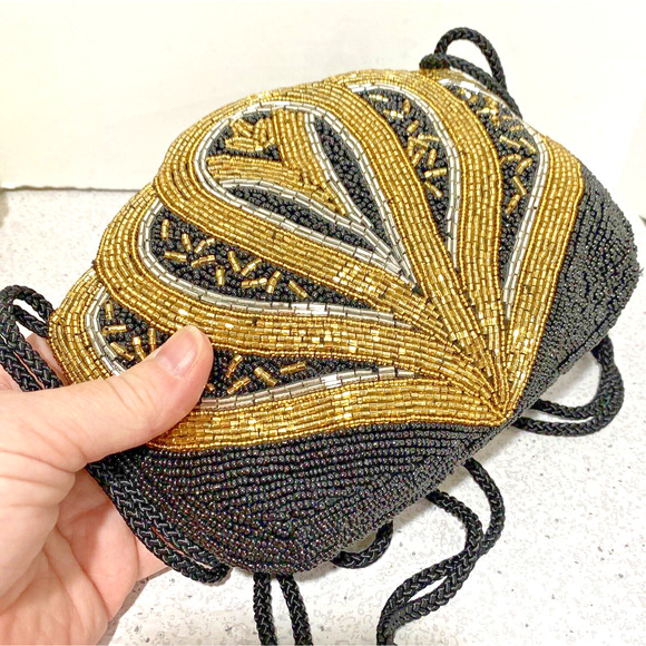 Vintage Beaded Evening Bag Shoulderbag Dressy Purse Black & Gold Retro Disco - Picture 3 of 7
